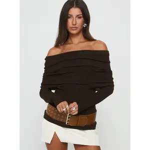 Florrie Off Shoulder Foldover Long Sleeve Top Chocolate
