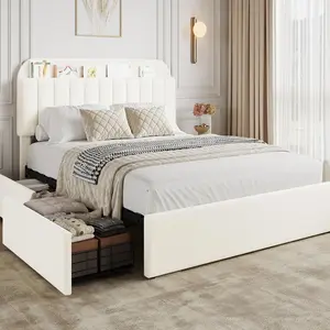 Garvee - Marco de Cama matrimonial con cabecera de Almacenamiento, Marco de Cama para niños con 2 cajones, Cama tapizada con Plataforma Boucle, con estantería, no Necesita somier, fácil Montaje,
