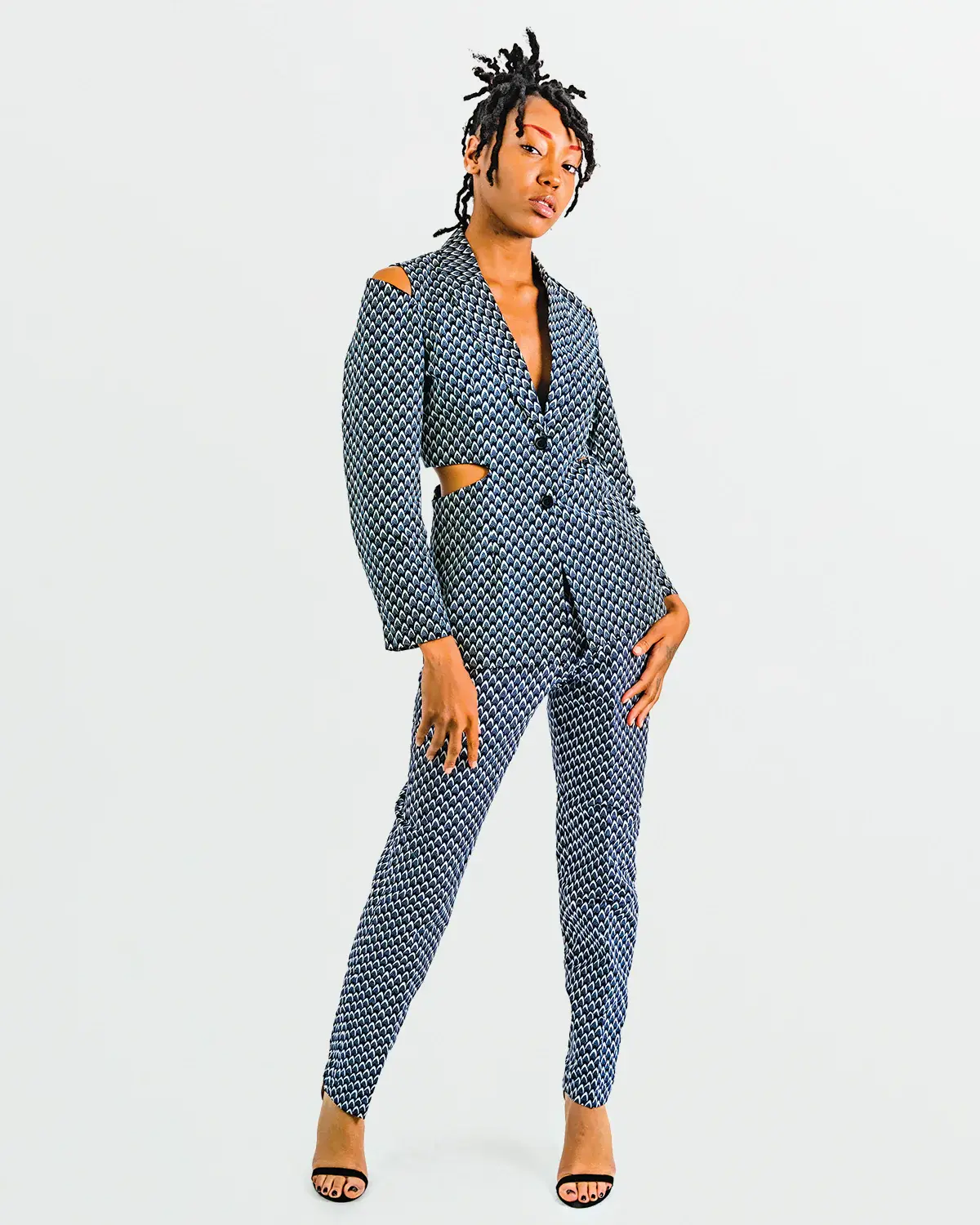Lady's Customized 2-Piece Fitted Formal Wear - Handcrafted Ankara Print Button-Front Blazer, Strategic Cuts Matching Pants, Flattering Fabric for Evening Events