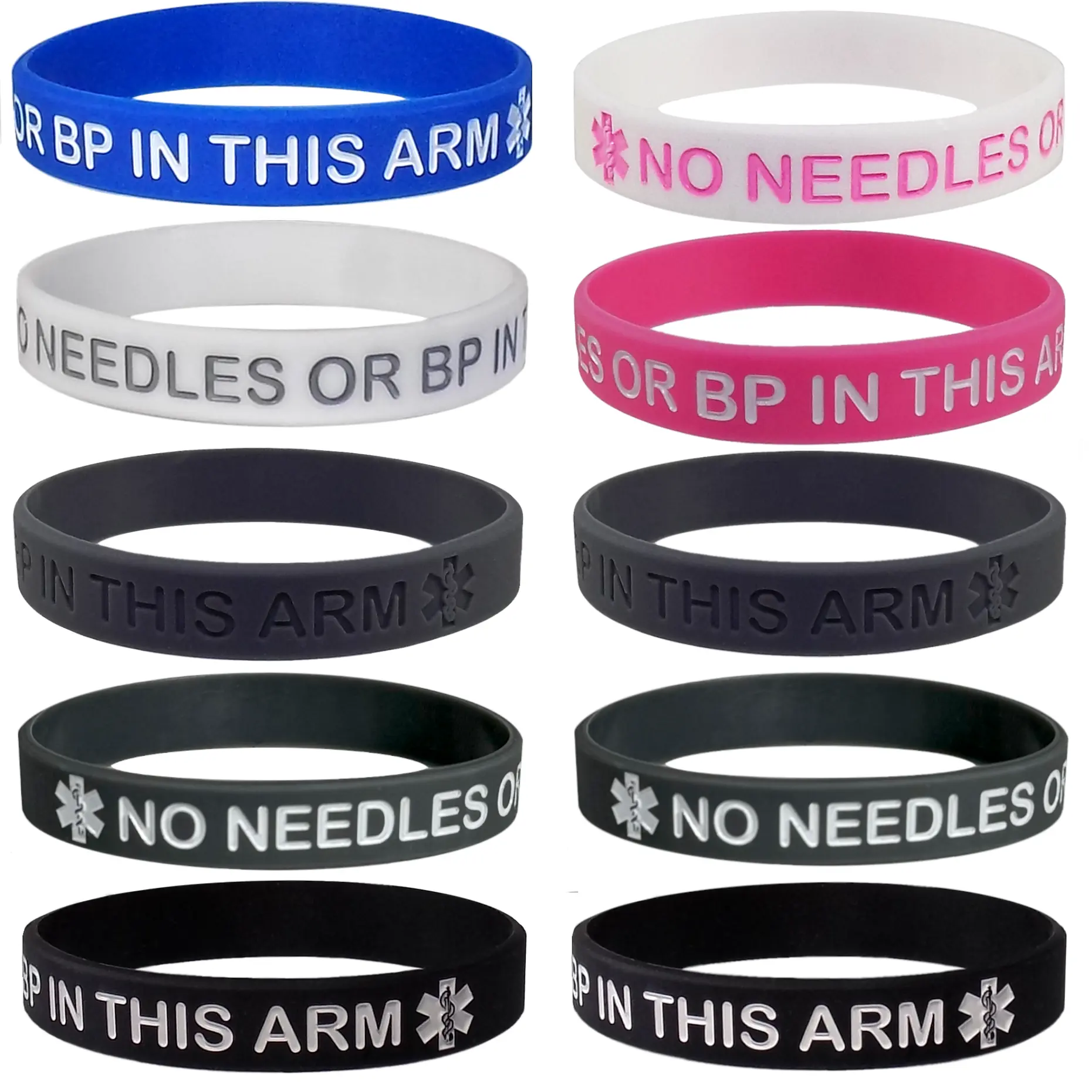 "No Needles or BP in This Arm" Medical Alert Silicone Wristbands for Adults - 5 Pack, Multiple Colors, 8 Inches - Max Petals
