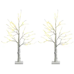 COSTWAY - Set of 2 Pre-lit White Twig Birch Tree Battery Powered for Christmas Holiday
