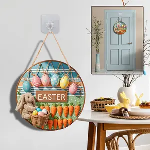 Easter Rabbit Front Door Sign - Wooden Door Hanger with Easter Eggs, Farmhouse Home Decor for Porch, Outdoor, Indoor Wall Hanging, Spring Festive Gift, Door Decor whimsical