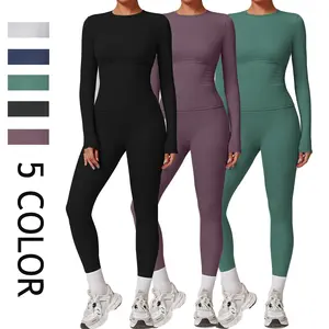 Kabuer Women's Yoga Set - Solid Color Long Sleeve Top & High Waisted Leggings for Gym & Outdoor Fitness with 5 Color Tracksuit Compression Activewear Sportswear