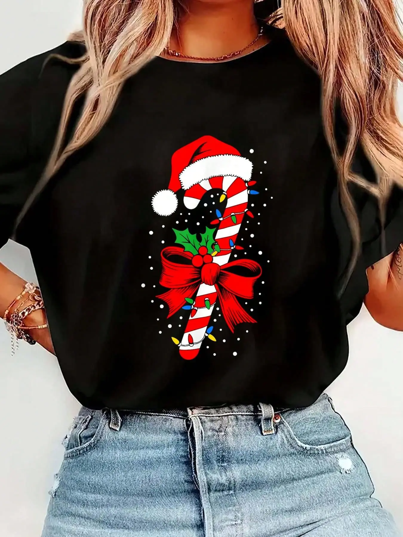100% pure cotton Christmas Candy Cane Shirt Boy Girl Women Pajamas T-Shirt printed t-shirts for women