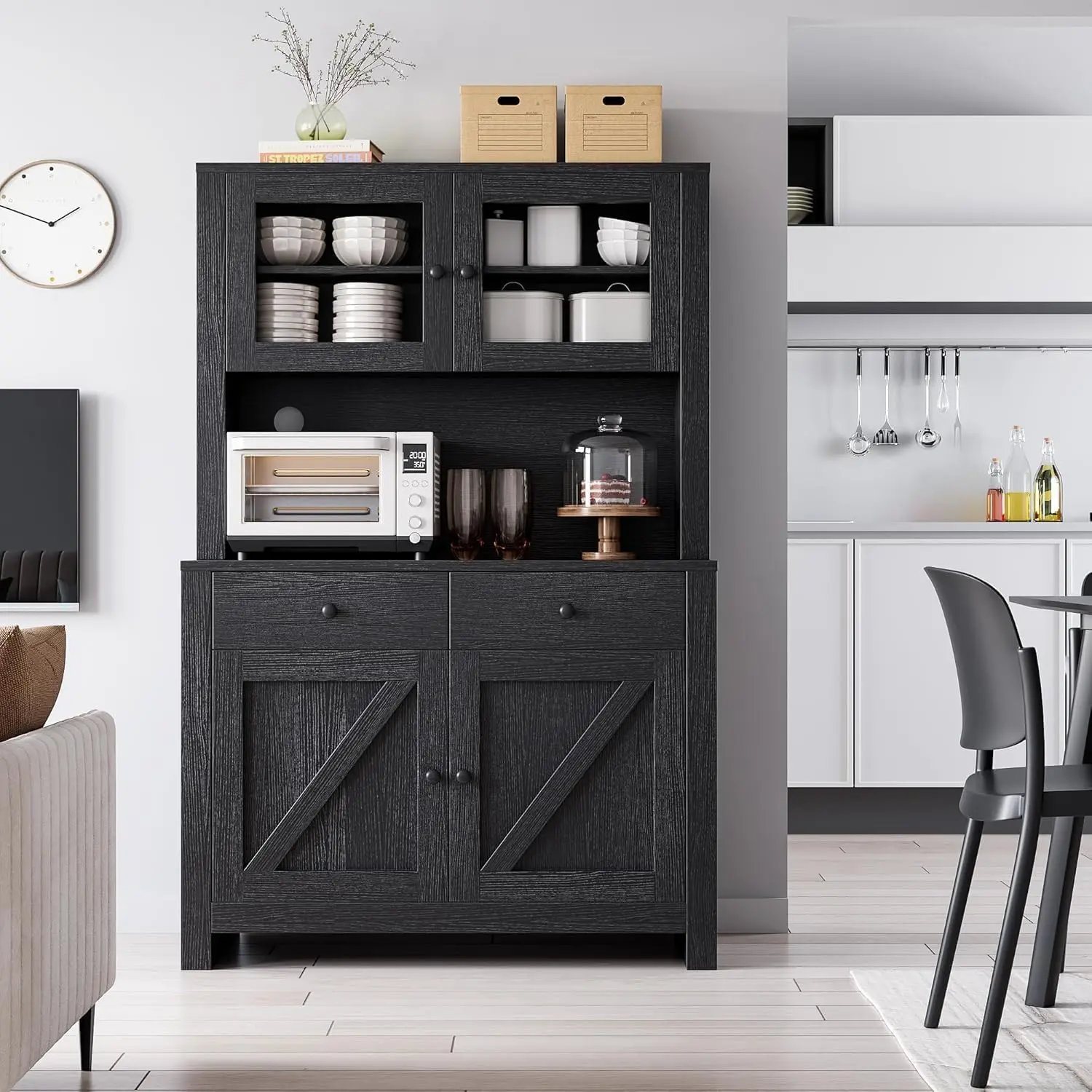 Garvee Kitchen Pantry Cabinet with Microwave Stand, Freestanding Hutch Cabinet with Buffet Cupboard, Tall Storage Cabinets with Adjustable Shelves for Kitchen, Dining Room, Black