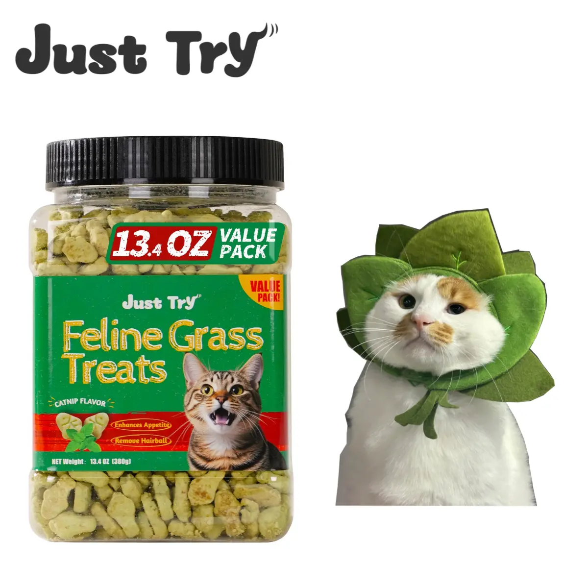 Just Try Cat Treats for Indoor Cats Hairball Control Natural Salmon Healthy Cat Grass Treats Kitten Snacks Training Biscuits Catnip for Cats Dental Care 13.4 OZ