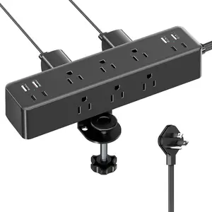 Flat Plug Desk Clamp Power Strip 10FT, 24W   Station, Desk  Mount Power Strip 9 AC Outlets 8 USB Ports Surge Protector, Fit 1.7" Tabletop ,  Office Accessories