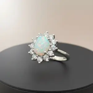 Tracy(9324)gc.Opal Flower Ring – Oval Rainbow Opal Surrounded by Petal Zircons, Dreamy & Affordable,