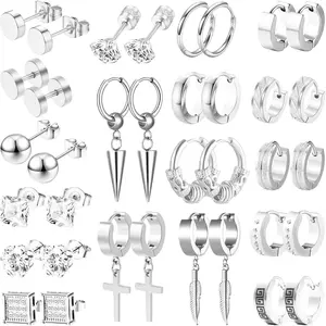 Earrings for Men, 18 Pairs Mens Earrings Hoop Black Gold Silver Earrings for Men Stainless Steel Stud Cross Dangle Hoop Earrings Set Fashion Piercing Jewelry