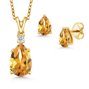 18K Yellow Gold Plated Silver Yellow Citrine and White Topaz Pendant and Earrings Jewelry Set For Women | 4.66 Cttw | Gemstone November Birthstone | Pear Shape 12X8MM and 7X5MM | with 18 Inch Chain