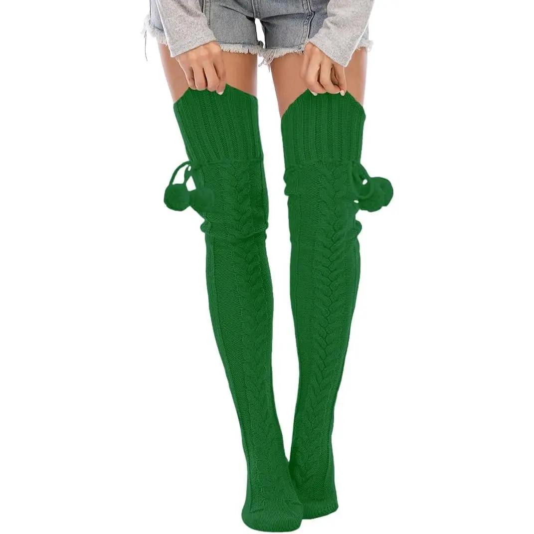 Women's High-Knee Sports Socks, Basic Cable-Knitted Thigh-High Warm Winter Stockings for Outdoor Activities
