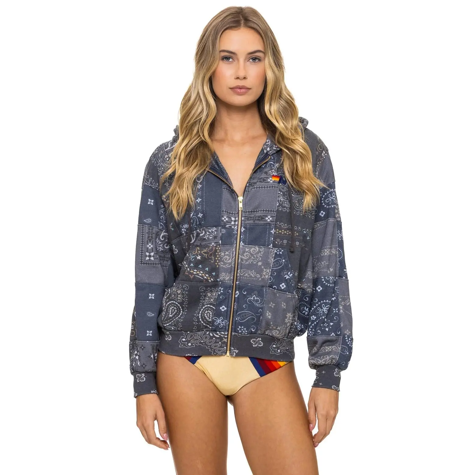 BANDANA QUILTED RELAXED ZIP HOODIE - CHARCOAL