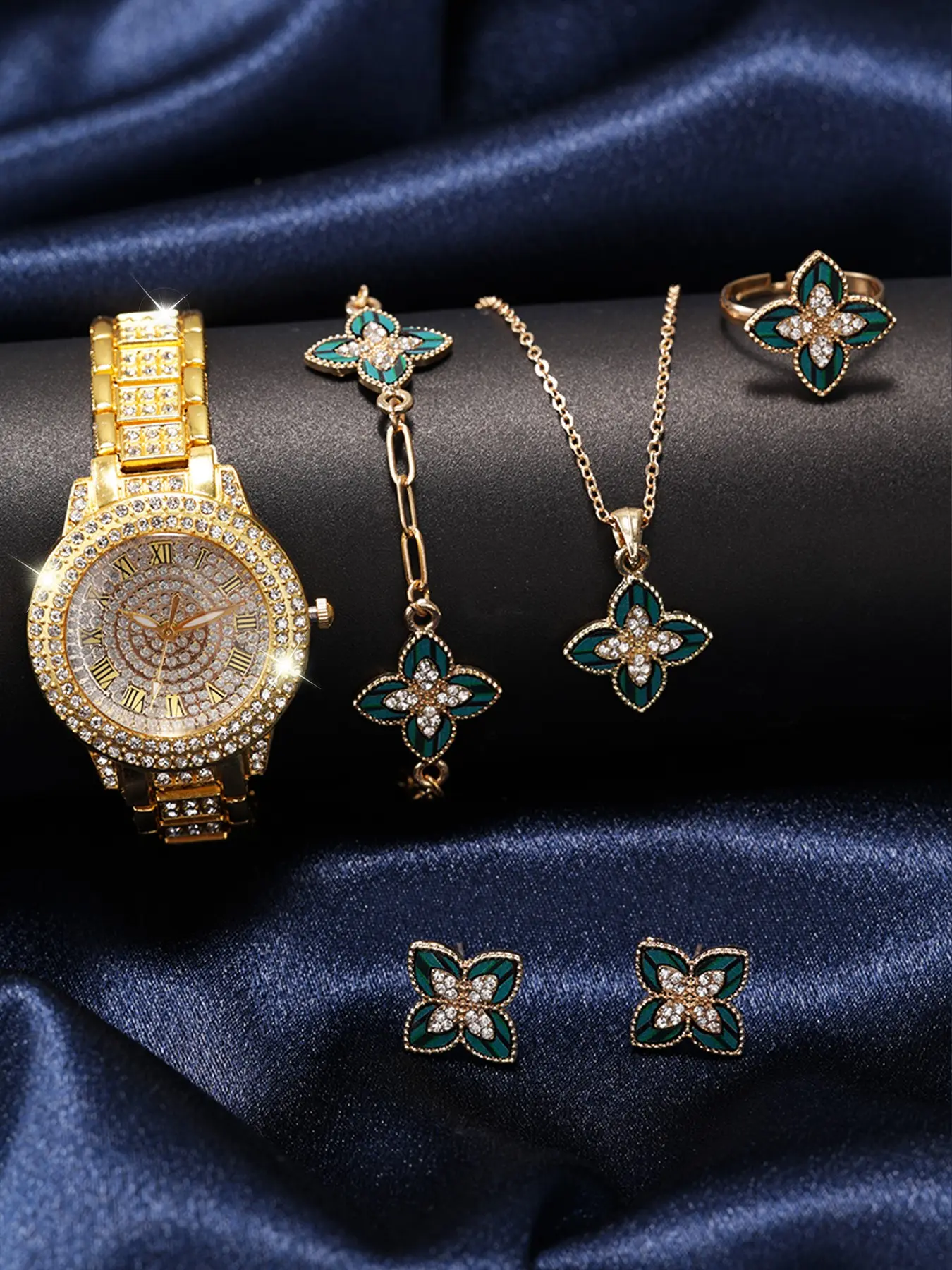 Luxury Diamond Watch Set 5 Piece, Emerald Clover Series, Women's Wristwatch, Bracelet, Necklace, Ring, Earrings, Perfect Gift