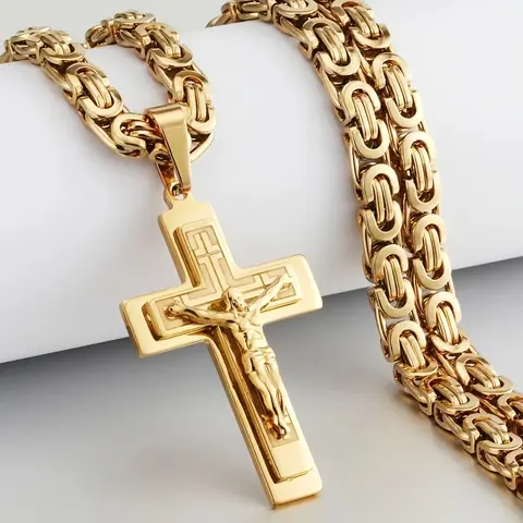 Men's Stainless Steel Jesus Cross Vintage Pendant Necklace with U-Shaped Flat Link Chain Gold Religious Jewelry for Casual & Formal Attire anniversaire s gift gold-plated cuban chain teen boy gift