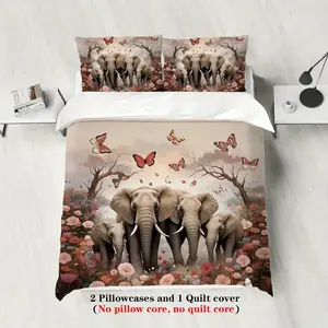 3-Piece African Elephant Floral Bedding Set, Soft Comfortable, All-Season Use, Perfect Gift for Bedroom & Guest Room, Decorative Bedding Set, Soft Bedding Sets