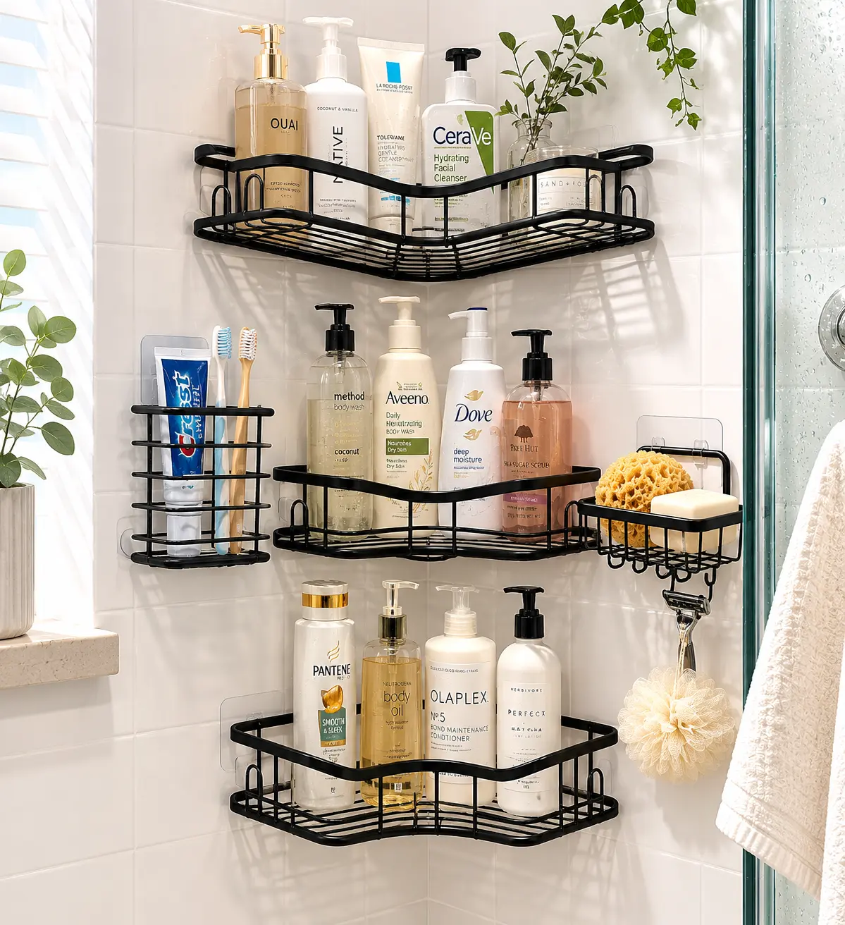5-Count Large Hollow Stainless Steel Wall-Mount Bathroom Shower Organizer Set, Self-Adhesive Round Rust-Resistant Transparent Caddy for Bathroom Supplies with Easy Installation