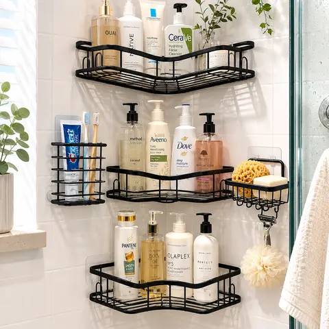 5-Count Large Hollow Stainless Steel Self-Adhesive Wall-Mount Shower Organizer Set - Round Corrosion-Resistant Transparent 5-Slot Caddy, Easy Installation for Bathroom Supplies, Organized and Protected Corrosion-Resistant Bathroom Gadgets