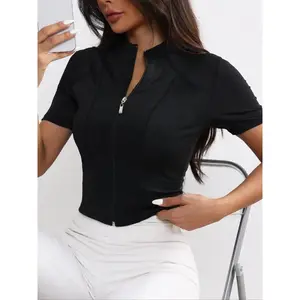 Women's solid color zipper sports jacket, featuring a sporty stand up collar and short sleeved design, is an ideal choice for yoga, gym workouts, and spring and autumn sportswear.
