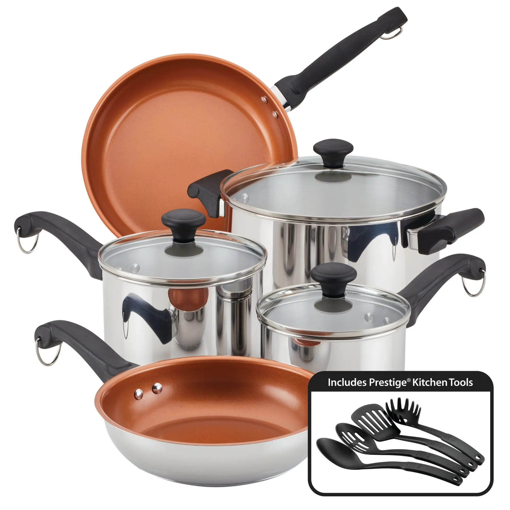 12-Piece Traditional Stainless Steel Cooking Set - Mirror-Polished Exterior, Nonstick Surfaces, 8.5-Inch & 10.25-Inch Ceramic Frying Pans, Multi-Size Bell-Shape Lids, 5-Quart Dutch Oven, 1-Quart Saucepan, Slotted Spoon, Pasta Fork, Oven-Safe Kitchen Tools