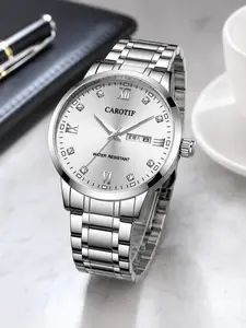 Men's Silver Color Quartz Watch, Roman Numerals, Diamond Accents, Day Date Display, Business Casual, Unisex, Trendy and Versatile