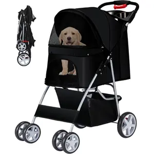 Pet Stroller, 4 Wheels Pet Strolling Cart for Medium/Small Dogs and Cats, Foldable  Jogger/Dog Stroller with Cup Holder, Storage Basket, Breathable Mesh, All-Season Pet , Black