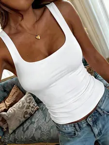 Pure Color Basic Casual Square Neck Sleeveless Tank Top, Slim-Fitting H-Type Design, Plain Pattern, Non-Button, No Zipper