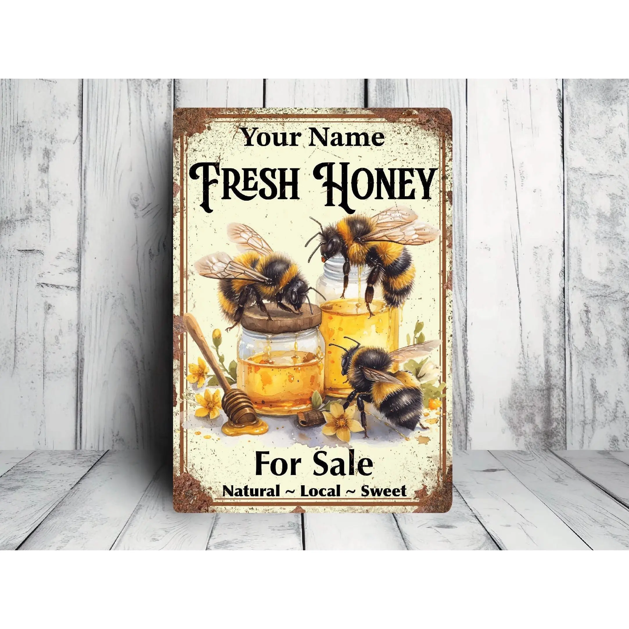 Personalised Honey Bee Sign, Fresh Honey For Sale, Customised Bee Gifts, Bee Wall Decor, Outdoor And Garden Metal Wall Art Tin Signs