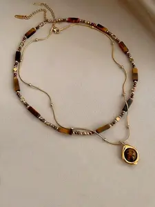 Vintage Elegance Multi-Layer Tiger Eye Stone Pendant Necklace Set, Women's Dual Layer Clavicle Chain Jewelry, Dainty Choker Necklace, Fashion Accessory, Layered Necklaces, Fashion Jewelry Accessories