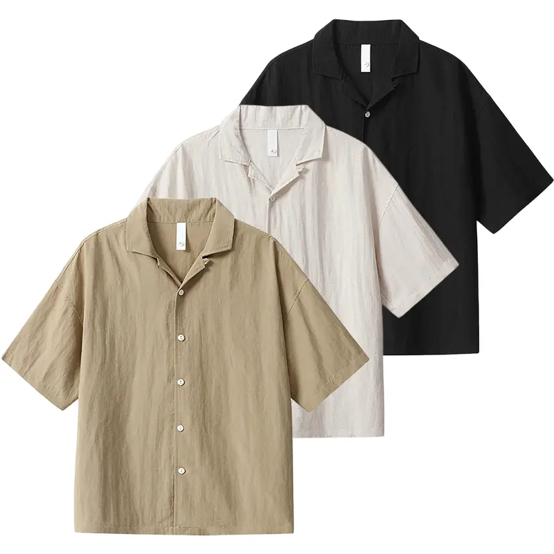 Men's Vintage Textured Minimalist Collared Neck Loose-Fit Lyocell Blend Short-Sleeve Button-Up Shirt, Breathable Casual Menswear for Vacation, Cold Wash Friendly, Plain