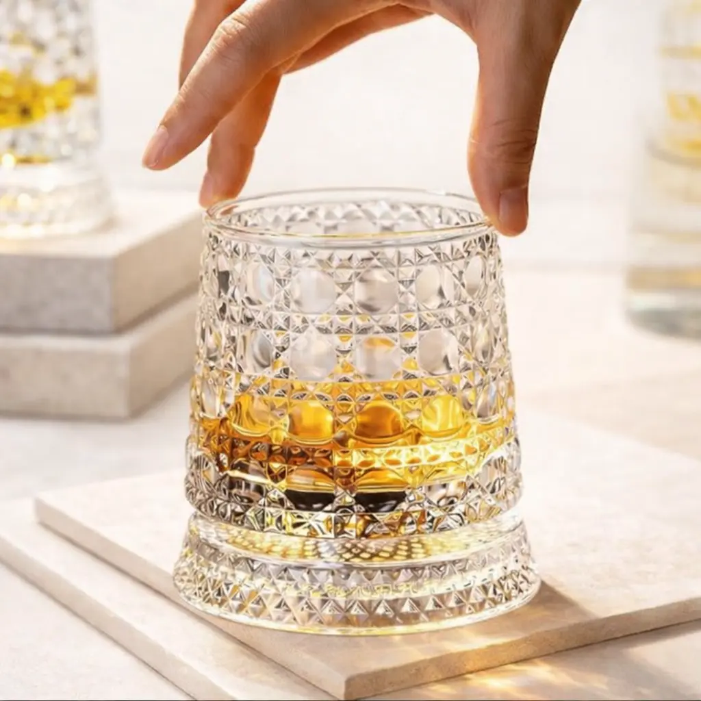 360° Rotating Star-Cut Gem Glass Tumbler Cup, Luxury Glassware Drinkware Set for Camp Kitchen, European Barware Gift for Indoor Camping Home Decor Stress Relief