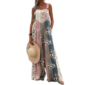 Women's Spring Floral Print Overalls Jumpsuits One Piece Sleeveless Wide Leg Long Pants Rompers with Pockets