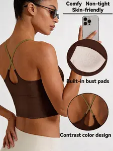 Women's Sporty Tank Top with Fixed Padding, Colorblock Design, Elastic Fabric, Perfect for Yoga, Comfortable Sports Wear