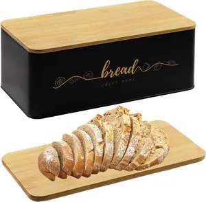 Bread Box with Bamboo Cutting Board Lid, Metal Bread Box for Kitchen Counter, Small Bread Storage Container, Black Bread bin for Kitchen Countertop
