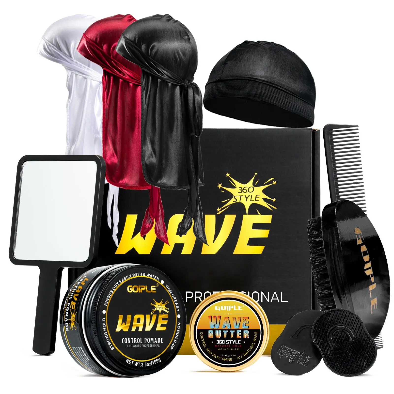 Strong Hold Wave Pomade for Men - Easy Wash 360 Wave Training Hair Cream, Moisture, Nourishing Silky Shine, Brush & Durag Cap Set Moisturize Gel