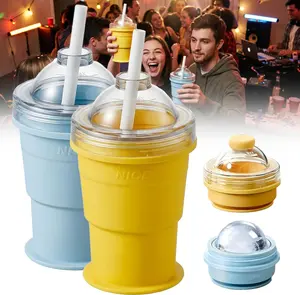 2026Portable Foldable Ice Ball Cup with Mold, Silicone Ice Cube Drink Cup for Cold Beverages, Coffee, Juice, Beer & Whiskey, Reusable Summer Drinkware (Blue & Yellow)