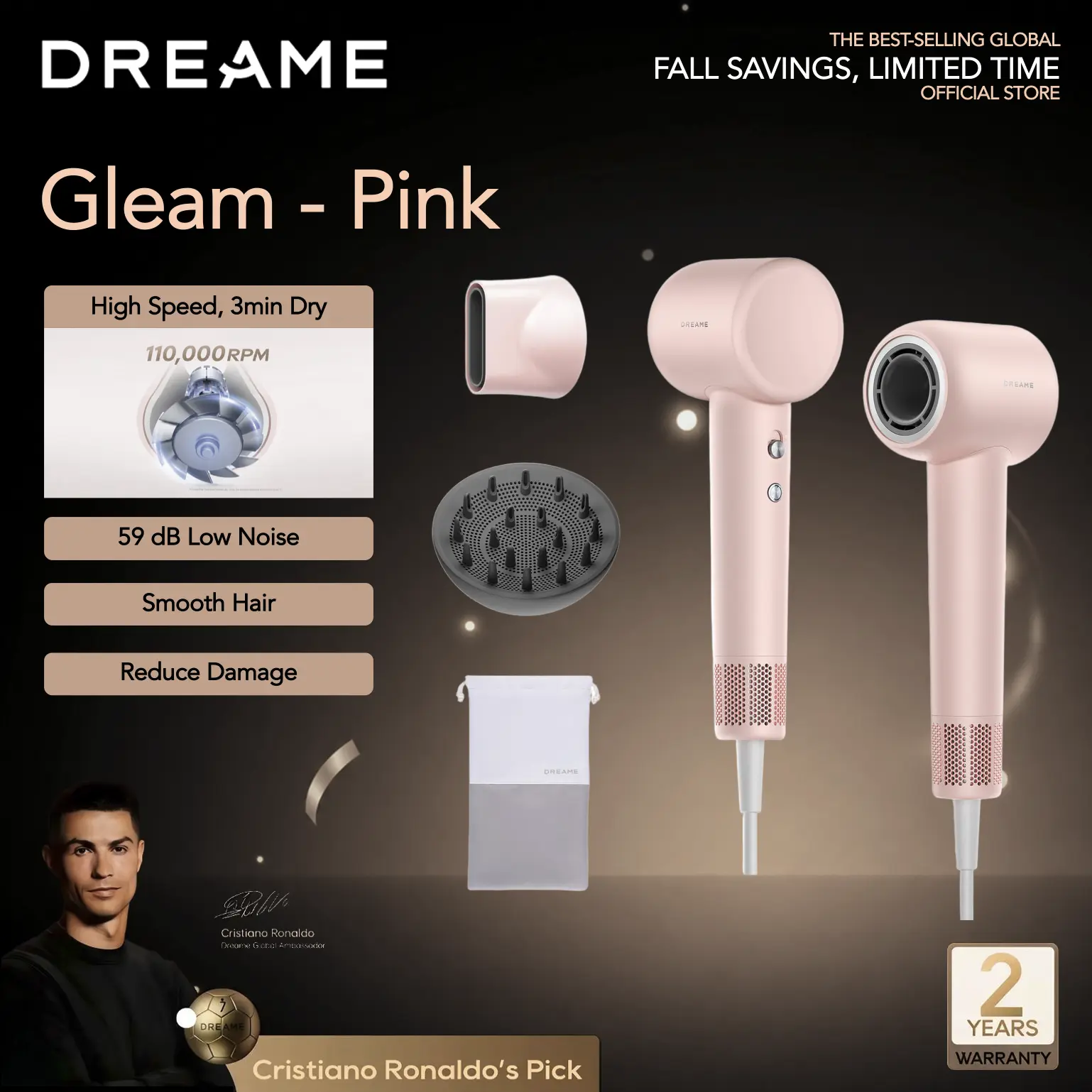 【Limited Deal】DREAME Gleam Hair Dryer with Diffuser, Blow Dryer with 0.73 lbs Lightweight Design, Fast Drying, Negative Ions for Smooth Hair