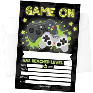 30 Fun Themed Kids Party Invitations – Fun Birthday Invitations with Envelopes – Complete Set for Boys & Girls, Video Game, Spa Party, Slumber party, Paw etc