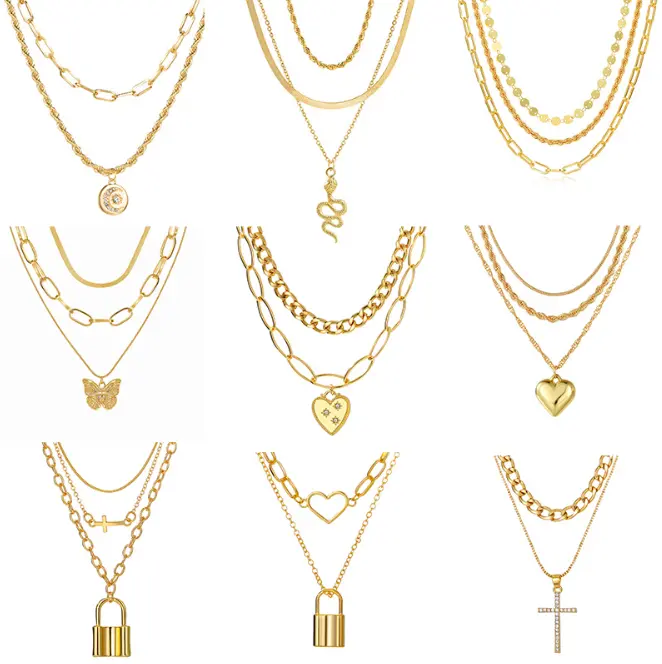 Women's Multi-Layer Stacked Choker Necklace, Hip-Hop Gold-Plated Alloy Pendant Necklace with Butterfly, Heart, Lock, Cross, Snake or Disc Pendant for Daily, Party Wear Costume Jewelry
