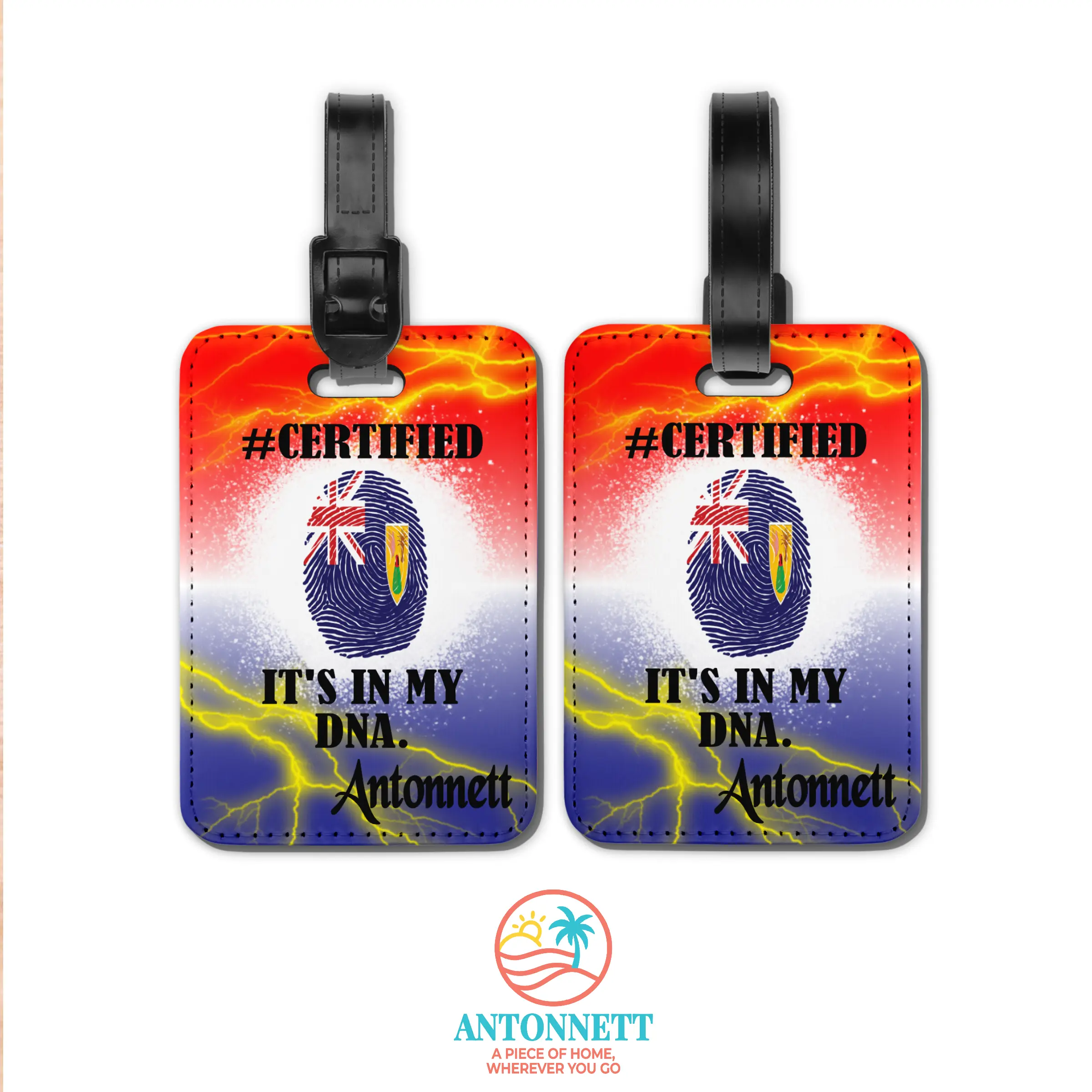 Antonnett Caribbean Heritage Personalized Luggage Tags – PU Leather, Double-Sided Design, 4.1" x 2.75", 21 Country Flags, Multi-Language Display Card (English/French/Spanish), Custom Name Option with 12 Font Styles