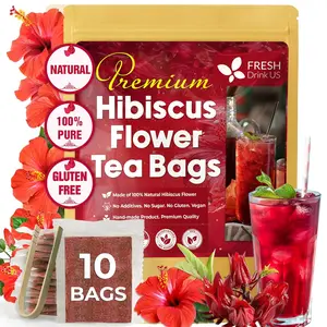 【FreshDrinkUS】 Premium 10 Hibiscus Flowers Tea Bags, 100% Natural, Pure from Hibiscus Flowers. Loose Flower Hibiscus Herbal Tea. Hibiscus Flower Tea. No Sugar, No Caffeine, No Gluten, Vegan. hibiscus tea Beverage