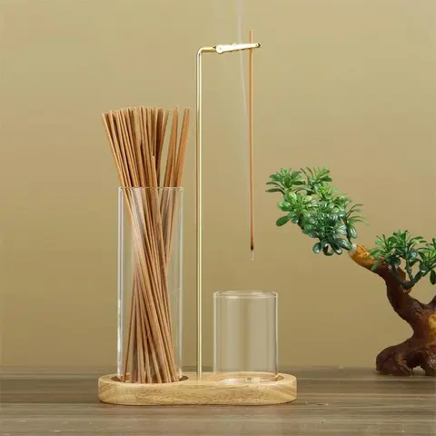 2-in-1 Minimalist Incense & Candle Holder - 1-Count Wooden Base Aromatherapy Diffuser with Removable Glass Ash Collector, Decor, House Decor, Room Accessory, Apartment Accessories, Home Goods for Living Room, Dorm Essential