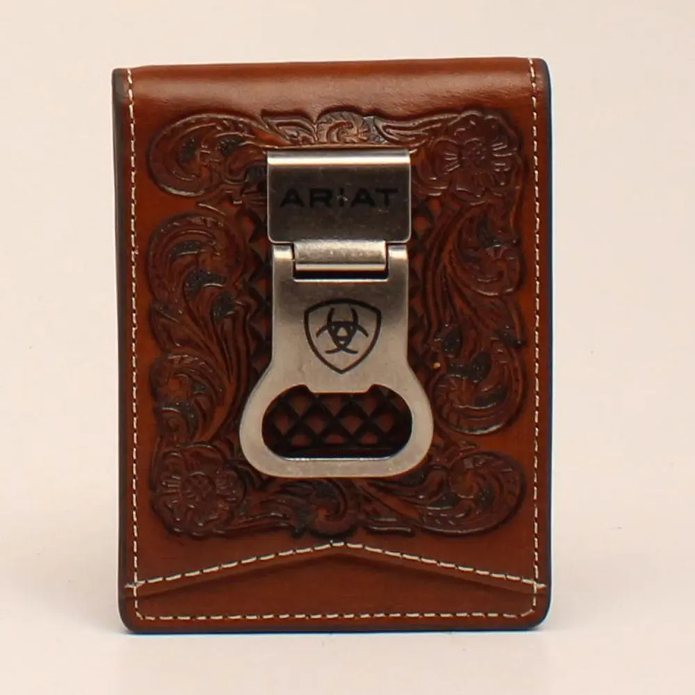 A3544408 Ariat Bifold Money Clip Basket Weave Floral Embossed Tan