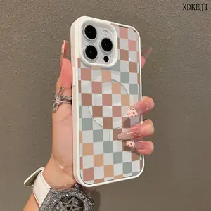 Vintage Multicolored Checkered Pattern Premium Magnetic Phone Cases for iPhone 17 Air 16 15 14 Pro Max 13 12 11 Plus Smartphone Shockproof Protection Acrylic Cover Cellphone Protective magsafe magnetic case Aesthetic Resistance Casing Protector