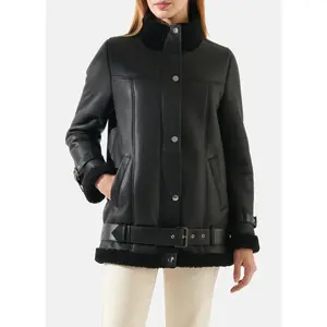 Womens Casual Black Oversized Shearling Leather Jacket