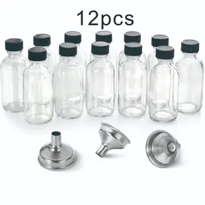 12 Pack Small Clear Transparent Glass Bottles with Lids, 2 oz Mini Glass Bottle Set with Funnels for Travel and Sample Storage