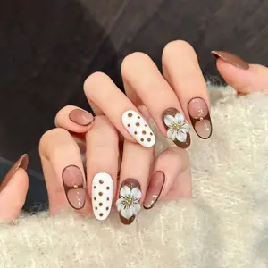 AURÉA | Chocolate & Cream Press-On Nails with 3D Flower & Polka Dot Accents - Salon-Worthy Glamour for Everyday & Special Occasions Reusable Gift Set | Valentine’s Day Nails | Vday Nails |  Party Nails | Date Night Gift for Her salon-quality finish