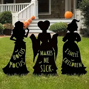 3 Piece Metal Witch Silhouette Garden Plaque Set, Halloween Outdoor Lawn Decor, Witch Design for Home Parties and Yard Art