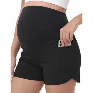 Maternity Athletic Shorts Over Belly Workout Running Casual Active Summer Pregnancy Shorts with Zipper Pockets