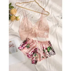Floral Lace Bra With Floral Shorts, Lingerie Fabric Womenswear Pants Panty Piece Party