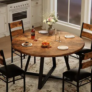 Round Dining Table Set for 4, 5 Piece Circle Wooden Kitchen Dinner Table & Chairs Set for 4, w/ 4 Unpholster Chairs, Sturdy Thick Frame, for Kitchen, Apartment, Small Space, Retro Brown